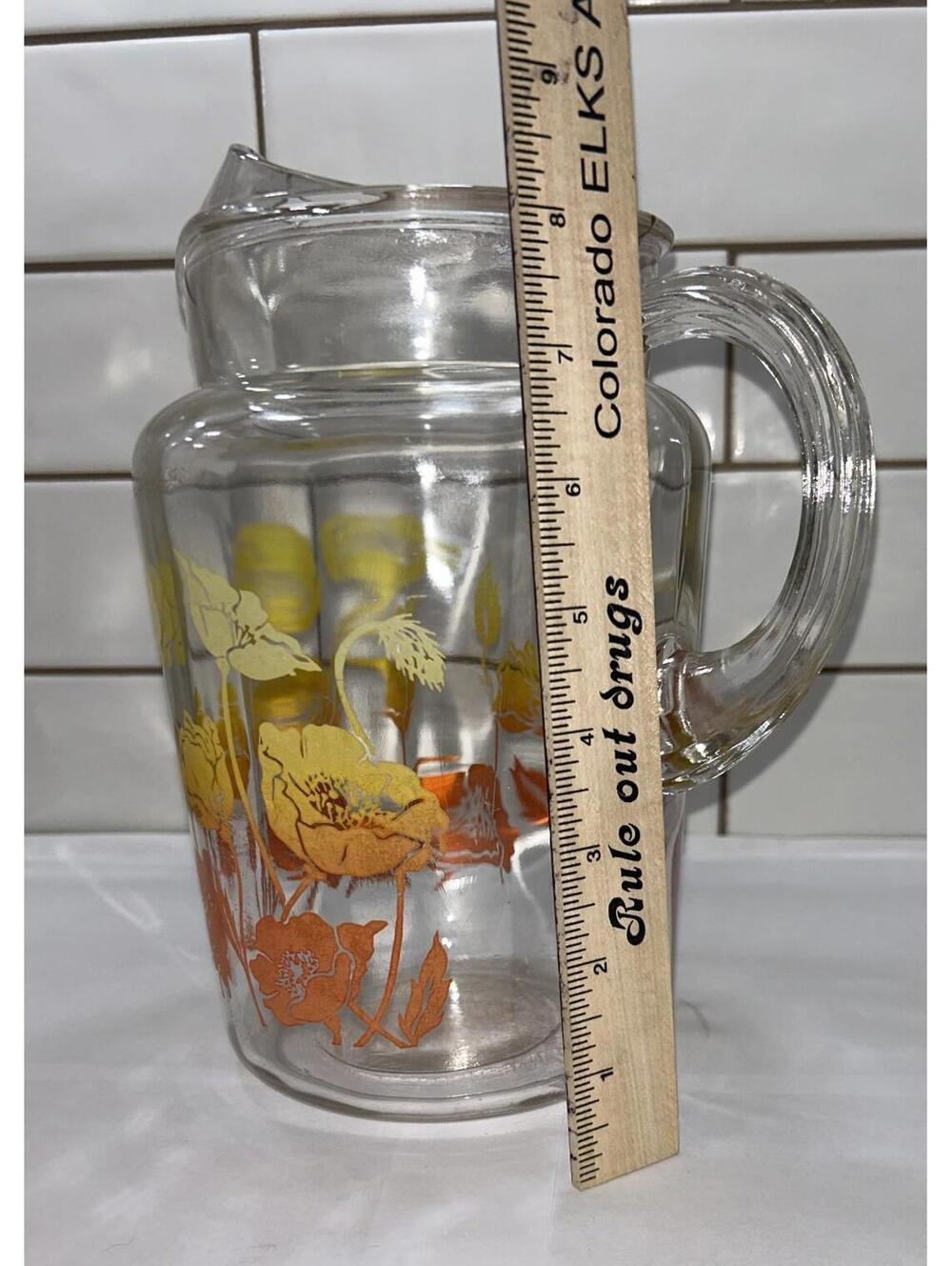 VINTAGE ANCHOR HOCKING CLEAR GLASS RED ORANGE WHITE MORNING GLORY PITCHER - Picture 3 of 5